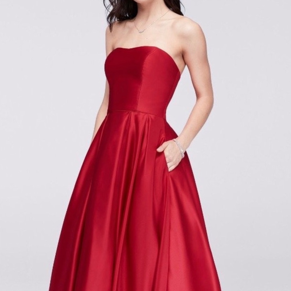 Red strapless gown